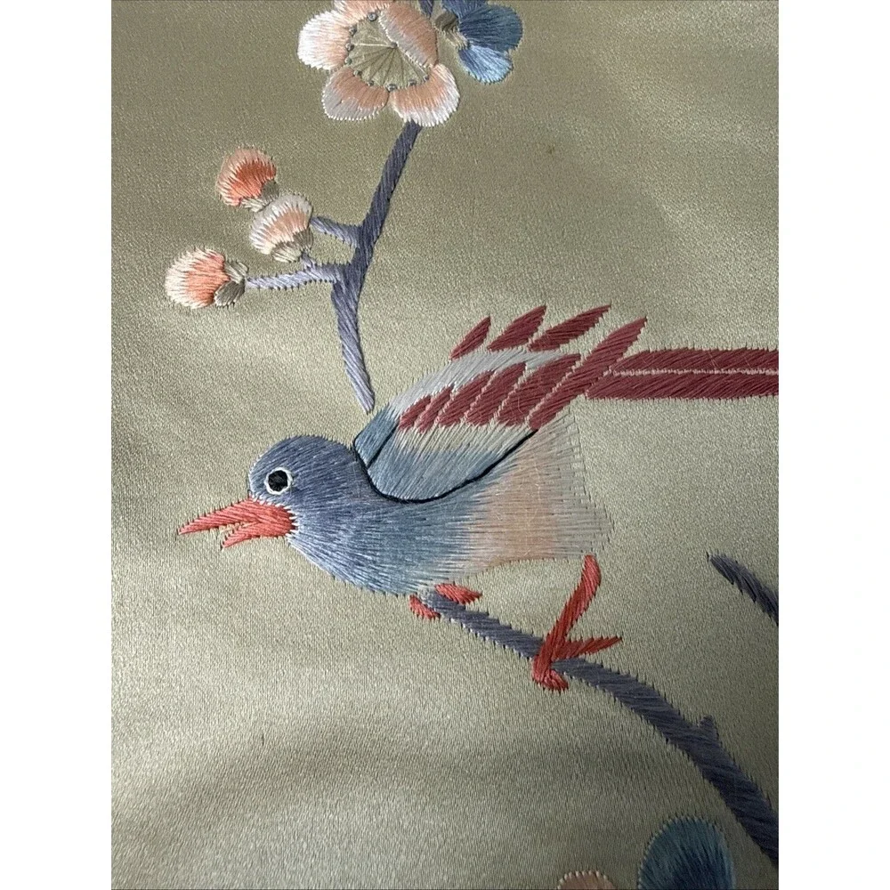 Vintage Asian Silk Hand Embroidered Tapestry Floral Bird Design 13”x26”